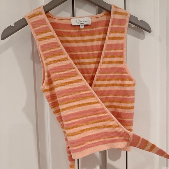 L’ACADAMIE Gina Draped Cropped Tank Wrap Vest Pink Lemon Stripe | Small - Picture 2 of 9